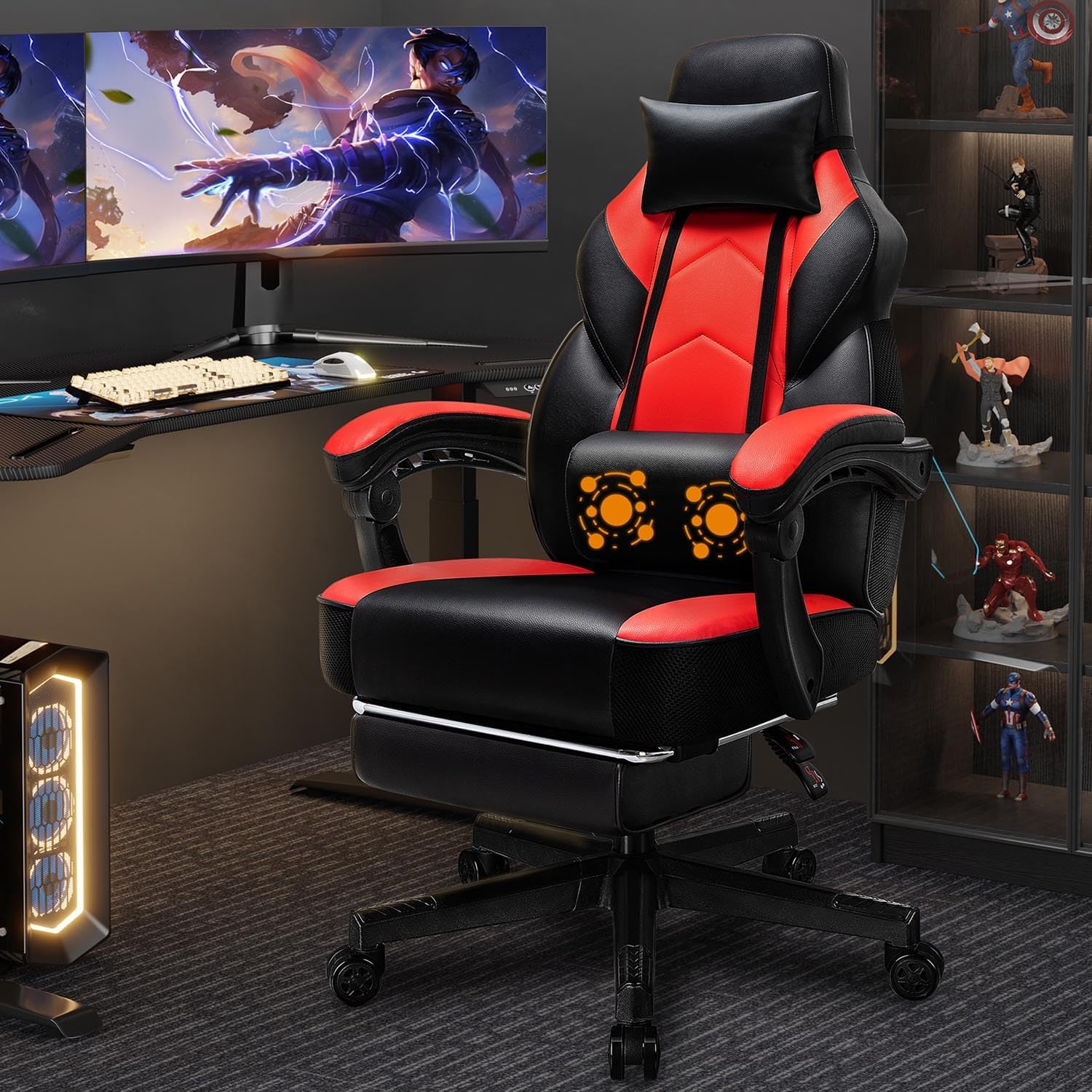 Massage - Gamingstoel met voetensteun, massage-lendensteun, ergonomisch ontwerp